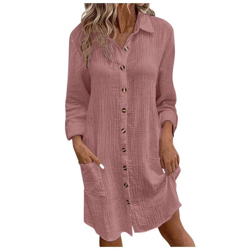 Women S Solid Cotton Linen Long Sleeve Mid Length Shirt Dress Casual