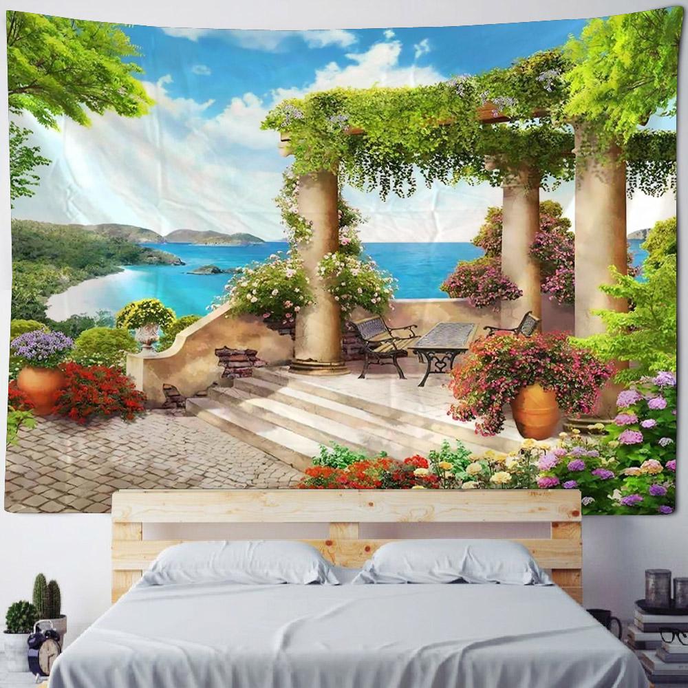 3D Landscape Tapestry, European Balcony, Aesthetic Home Art Decoration, Wall Hanging, Bedroom Living Room Background Poster