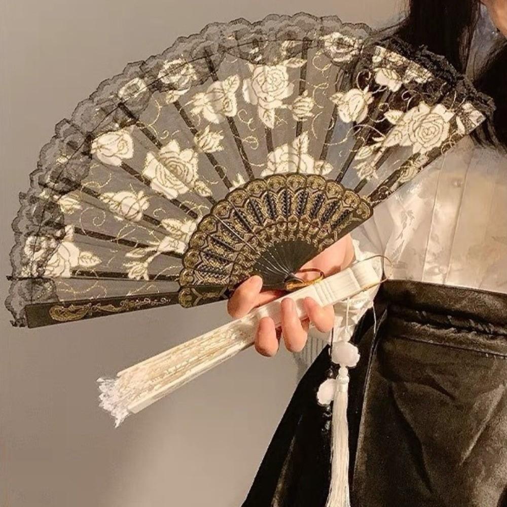 Fashion Floral Pattern Lace Hand Fan Tassel Design Small Size Folding Fan Chinese Style Foldable Decorative Fan Photo Props
