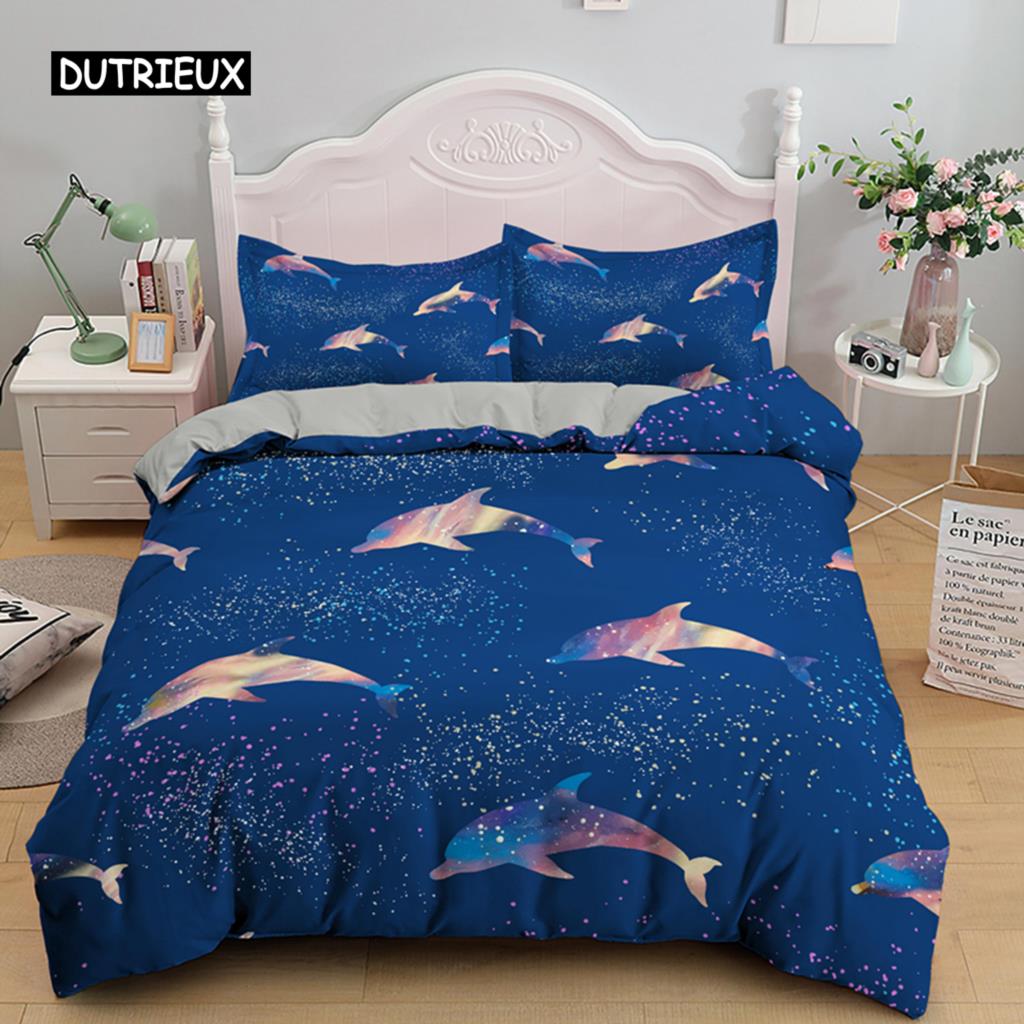 Seturi de lenjerie de pat 3D Delfin în marea albastră Queen Queen King Size Set husă de pilotă cu o singură pilotă pentru copii Pat adulți Lenjerie de pat din poliester