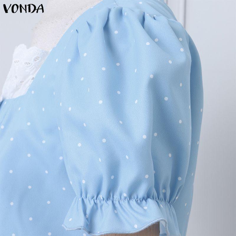 VONDA Rochie Mini Casual pentru Femei cu Gât Pătrat, Mâneci Scurte Bufante, Fundă și Buline