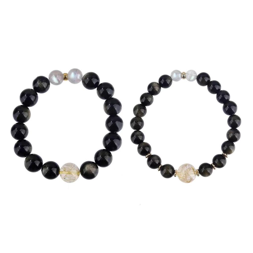 Original Partner-Stil Goldener Rutilquarz & Goldener Obsidian Kristall Perlenarmband - Einzigartiges Schmuckgeschenk