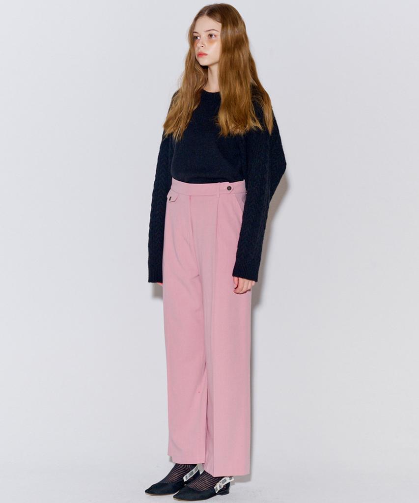 OPENING SUNSHINE Button Point Wool Pintuck Wide Slacks Pink