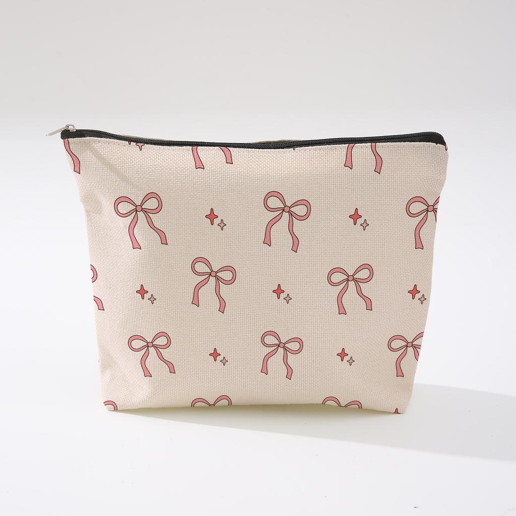 Pink Bowknot Zipper Storage Bag Travel Portable Wash Pouch Student Pencil Case Multi-Purpose Organizer for Women