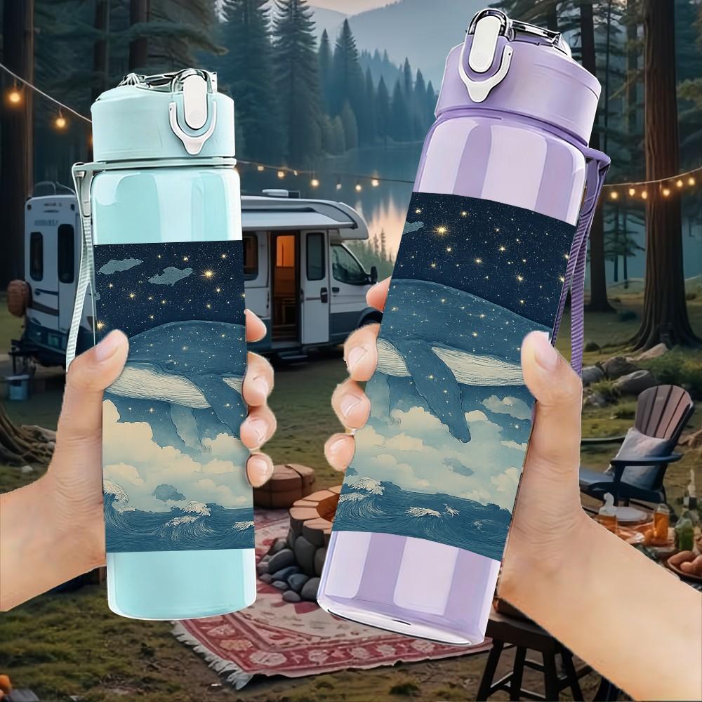 1PC Whale Cloud Sky Landscape Print 750ml Color Plastic Sports Water Bottle Leakproof Flip Straw Lid Suitable for Sports Office Home Use