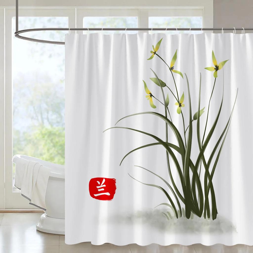 Mountain Forest Streams Natural Landscape Shower Curtain Set Waterfall Scenery View Plant Orchid Printing Bathroom Decor Curtain