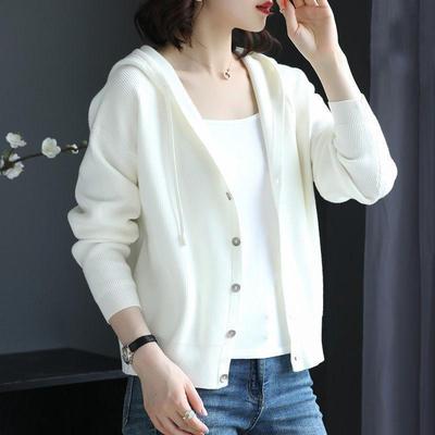Women's Knitted Cardigan Spring Autumn New Style Solid Color Hooded Sweater Coat Loose Casual Versatile Single Breasted Top