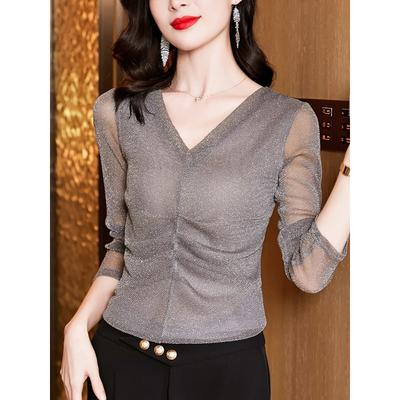 Mesh Base Shirt for Women's Thin Spring and Autumn Gauze Long-sleeved Tulle Top Fashionable Early Autumn Shirt