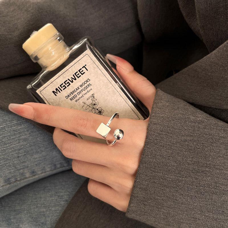 S925 Silver Irregular Geometric Ring: Round Ball & Square Design, Open & Adjustable for Women’s Index Finger