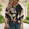 Women Plus Size Abstract Printed V Neck Front Zip Long Sleeve Ribbed Cuffs Black Khaki Sweatshirt