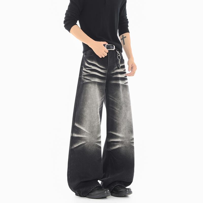 Retro Washed Workwear Jeans, Men's Wide Leg Pants, Straight Leg Pants