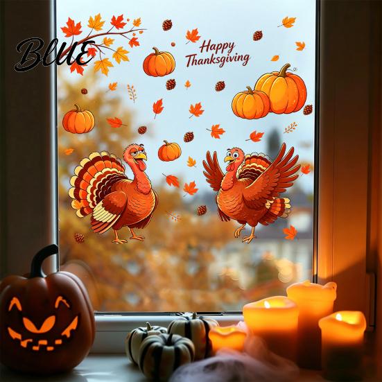 Festival Atmosphere Layout Supplies Thanksgiving Static Window Clings Cartoon Double Turkey Pumpkin Maple Leaf No‑Glue Seasonal Home Party