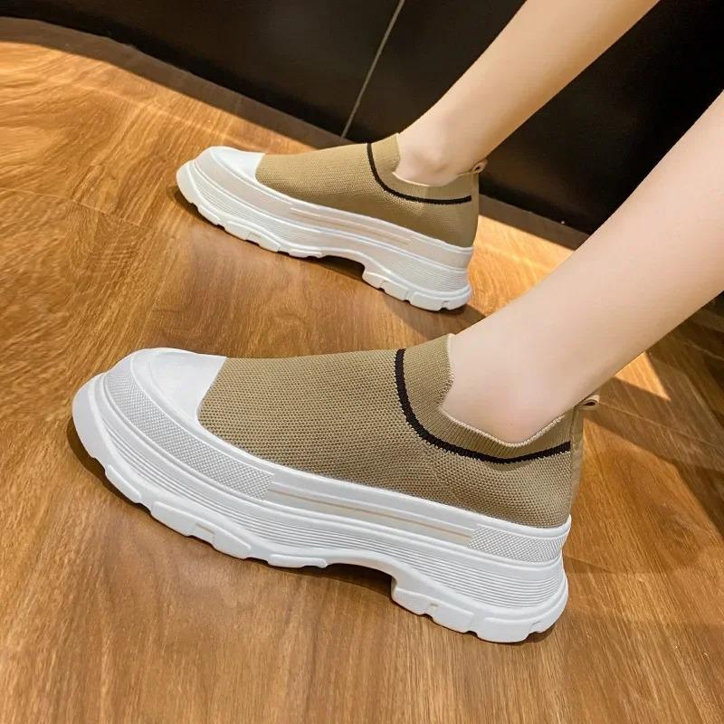 Thick Bottom Knitting Women's Vulcanize Shoes 2024 New Breathable Socks Shoes Casual Sneaker Slip on Tennis Non-slip Shoes Women