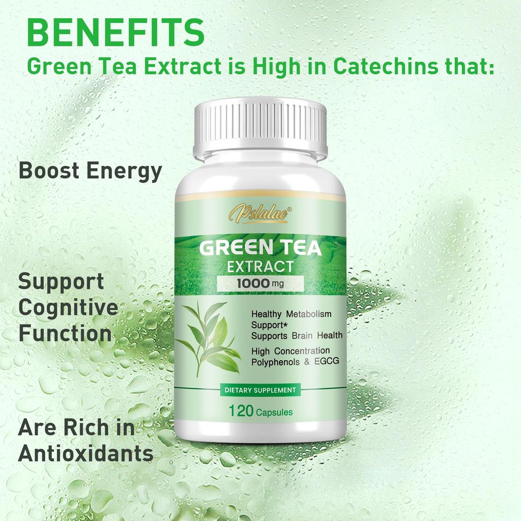 Green tea extract capsules, 1000 mg, containing EGCG and polyphenols, antioxidant, suitable for both men and women.