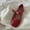 Leather Korean Version of Rivet Square Head with Mary Jane Shoes Women's 2025 Spring Versatile Flat Bottom Light Mouth Red Single Shoes