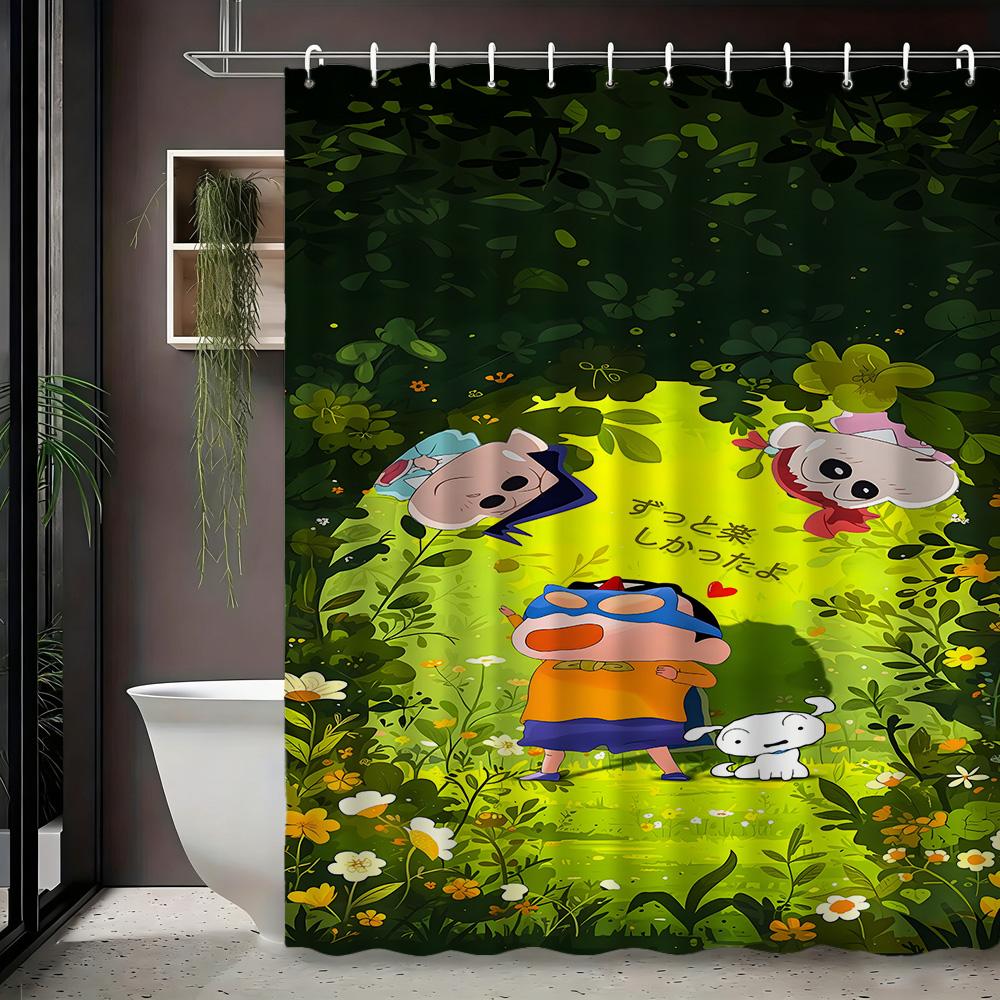 Crayon Shin-Chan & Friends School Uniform & Robot Statue Scene 2D Print Waterproof Shower Curtain, Blue & Yellow Bathroom Decor