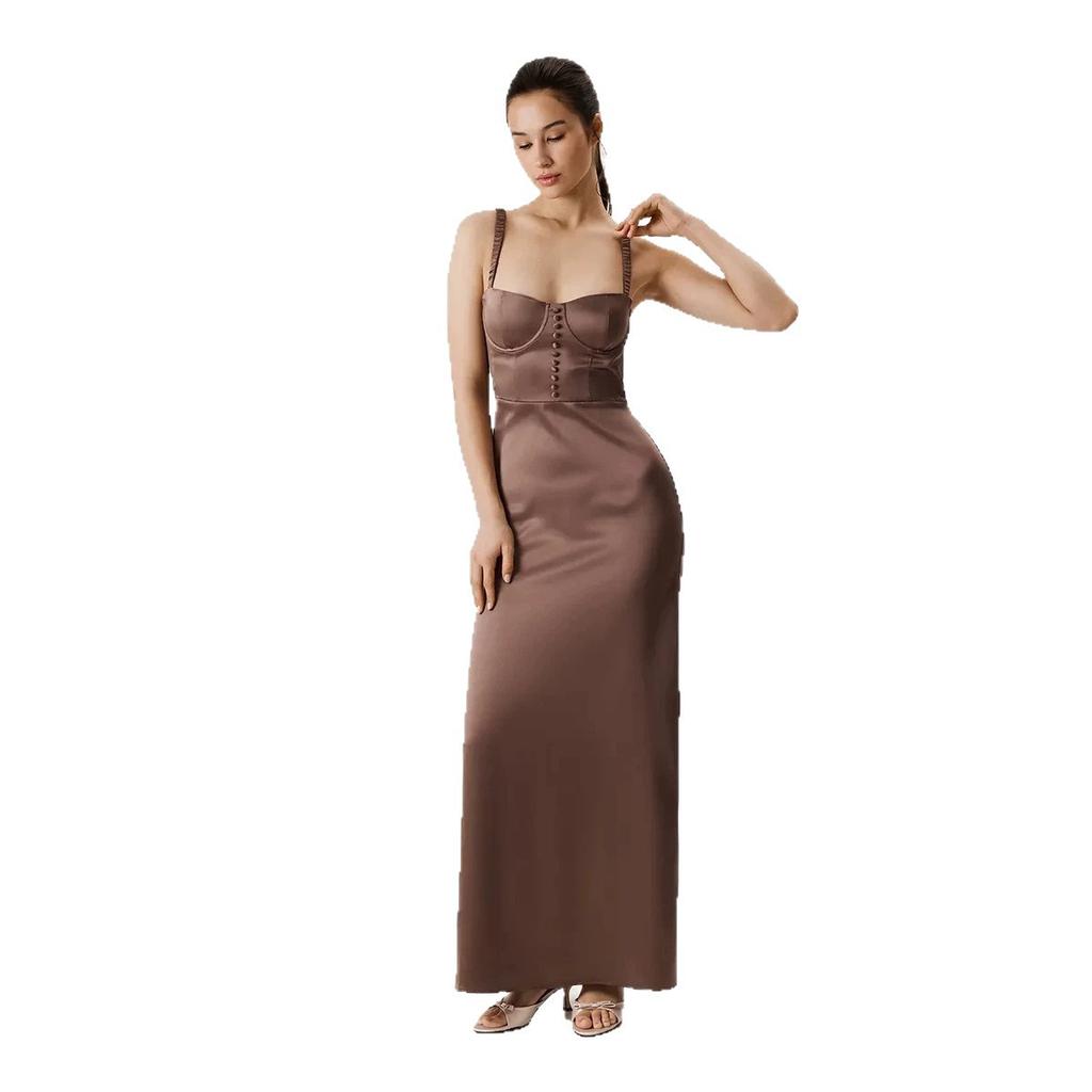 Elegant Coffee-colored Satin Corset-style Suspender Long Skirt, Slim and Slim, Light and Familiar Style Banquet Dress Skirt