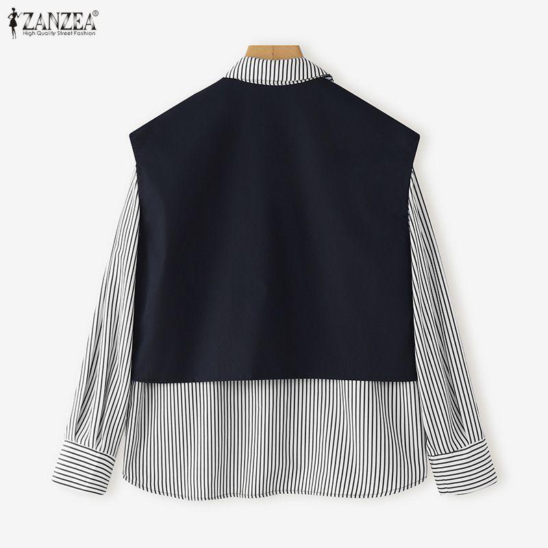 ZANZEA Women Casual Long Sleeve Stripe Print Patchwork Blouse