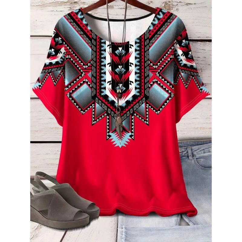 Summer Round Neck 3D Retro Ethnic Style Printed Top Fashionable Casual Short Sleeved Women's Plus SizeT-shirts