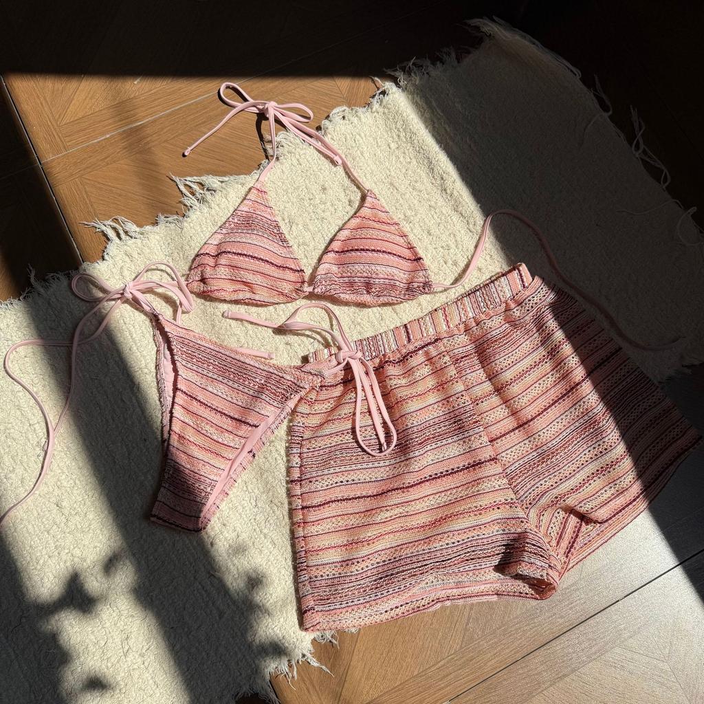Sexy Knitted Striped Halter Tie Bikinis Sets Three Pieces with Shorts Swimsuits Beachwear Bathing Suit Swimwear Biquini Tankini