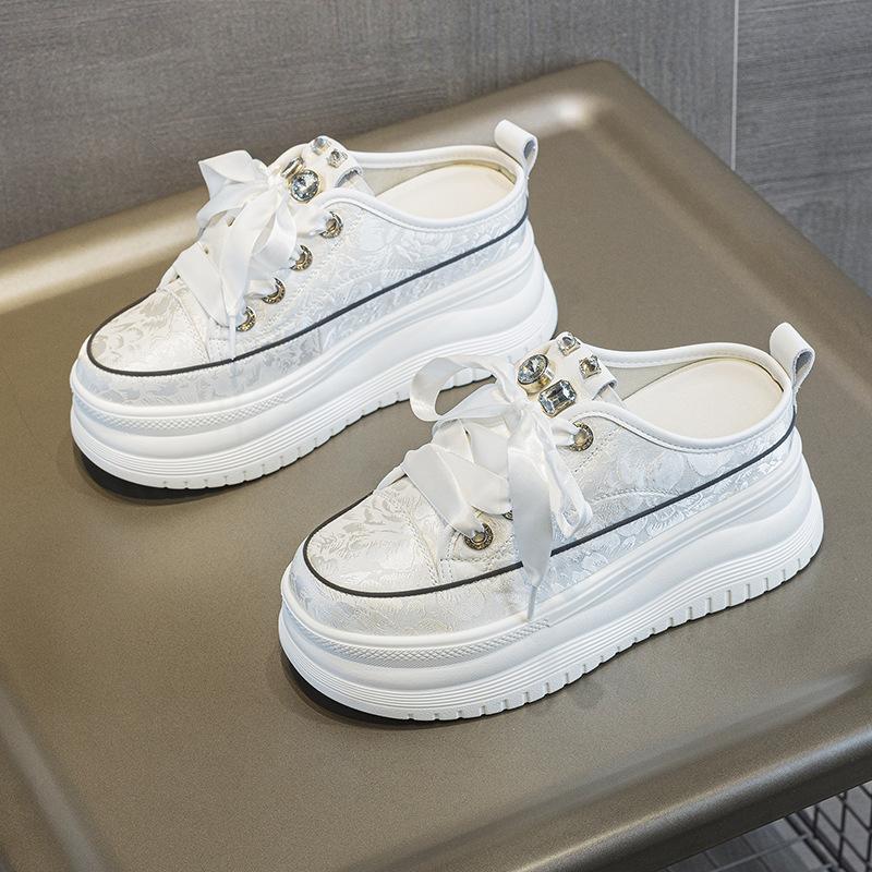 

8cm 2025 Silk Women Casual Platform Wedge Slippers Sandals Summer Shoes High Brand Chunky Sneaker Fashion High Heel Bling 34 білий