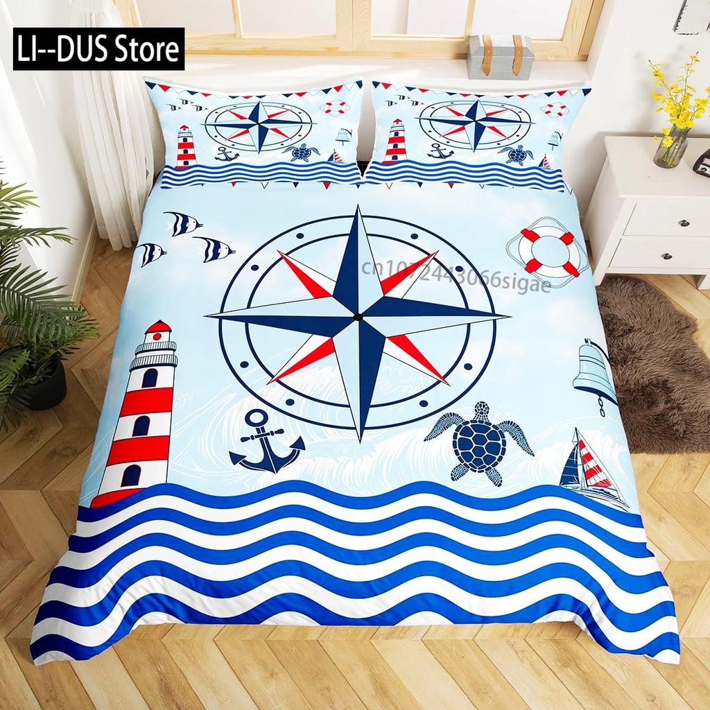 Compass Duvet Cover Set Marine Discovery Art Decorative 3 Pieces Bedding Set with 2 Pillow Shams Twin Full Queen King Size