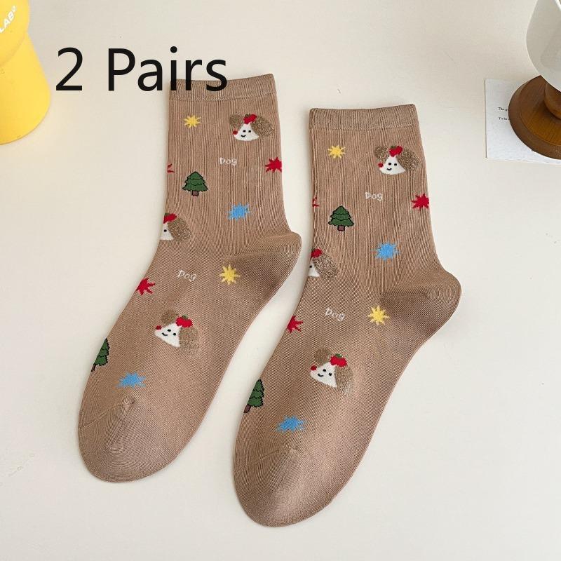 

2 Pairs of Autumn and Winter Non-stretch Socks for Children, Cute Sausage Dog Vertical Stripes, Fine Combed Cotton, Women s Mid-calf Student Socks 2 pairs