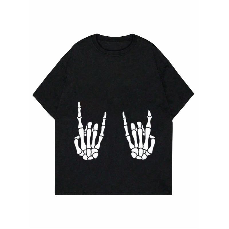 Black Loose Fit T Shirt Skeleton Hands Rock Sign Print Casual Halloween Party Wear