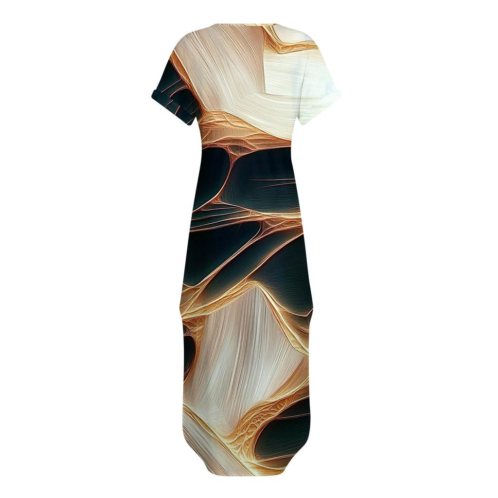 Women's Summer Floral Print Casual Loose Short Sleeve Beach Maxi Split Dress