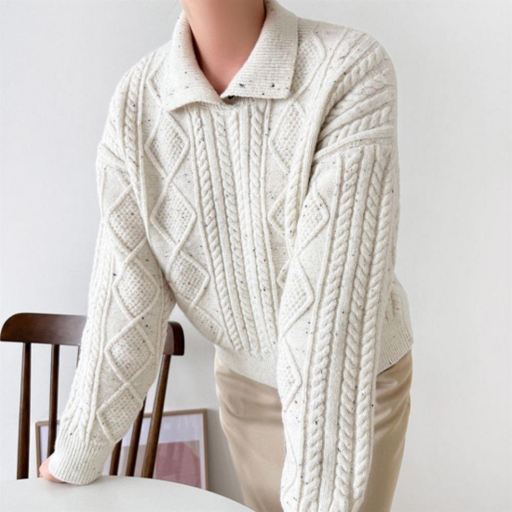 New Arrivals Open Run Women Cable Design Two Way Collar Knit Autumn Boucle