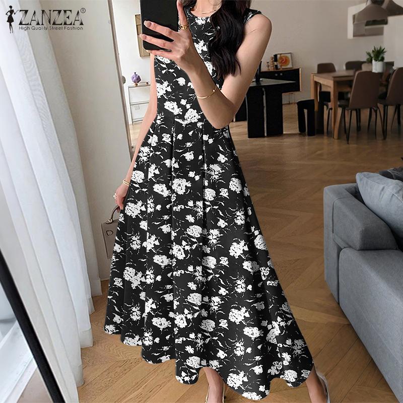 ZANZEA Women Summer Round Neck Holiday Casual Sleeveless Print Dress