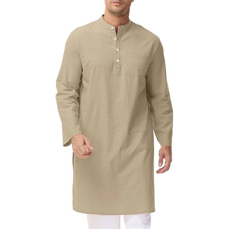 

Mens Ethnic Style Robe Long Sleeve Cotton Thobe Side Slit Button Down Gown Henley Casual Shirt Men Breathable Loose Traditional Middle East Daily Wear XXXL хакі