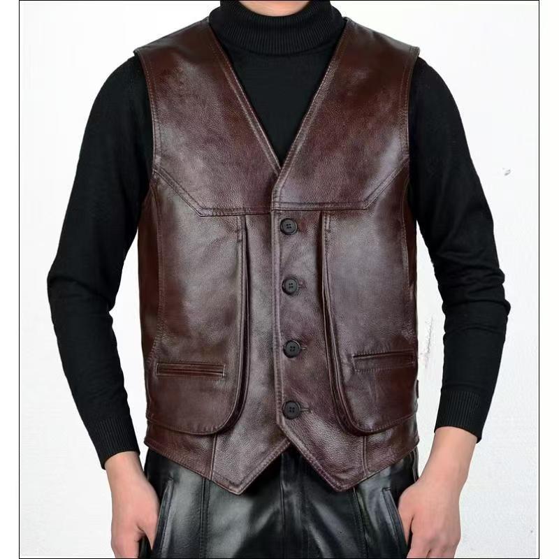 Real Leather Vest for Men Top Layer Cowhide Multiple Pockets Slim Fit Plus Size Leather Vest Retro Leather Camisole Shoulder Clip