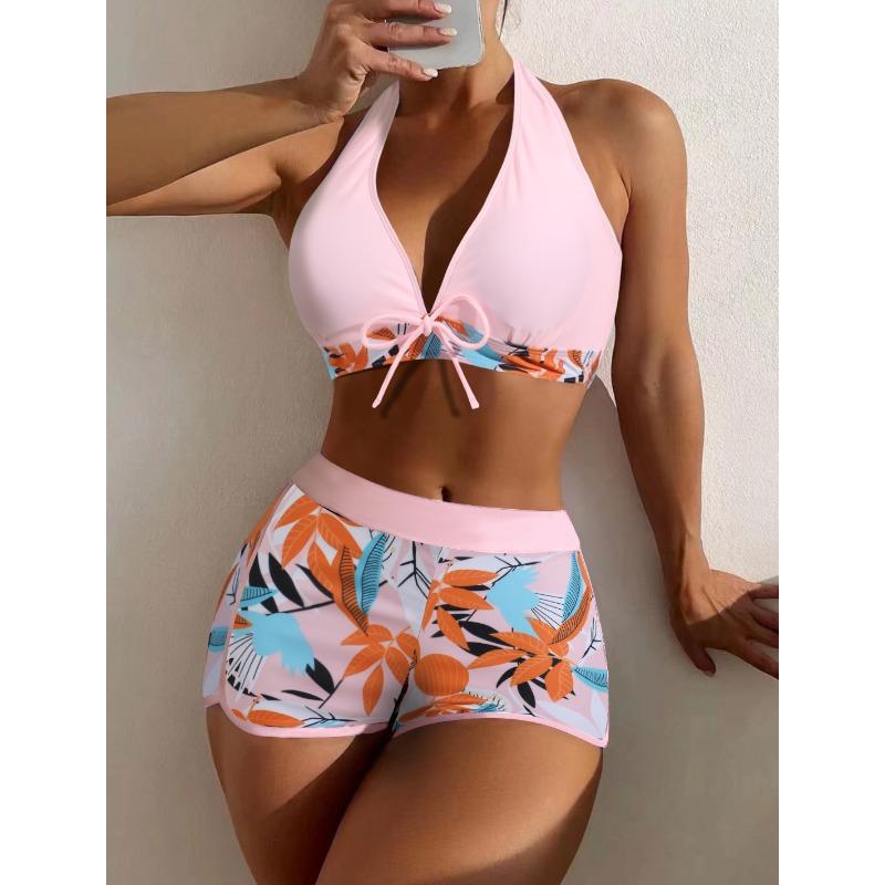 Fashion Printed Halter High Waist Conservative Plus Size Beach Swimsuit For Women