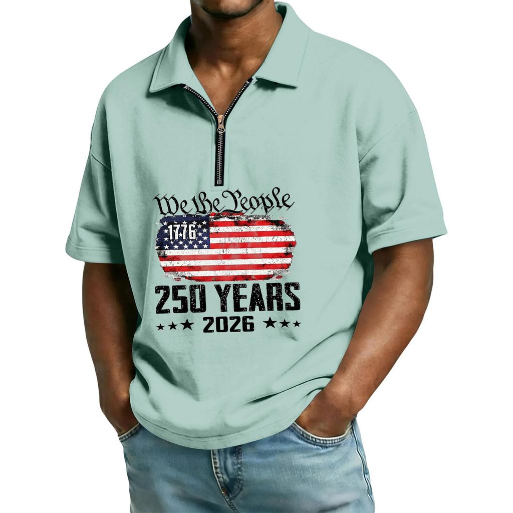 Men's Casual Loose American Independence Day Printed T-shirt Lapel Short Sleeve Daily Tops