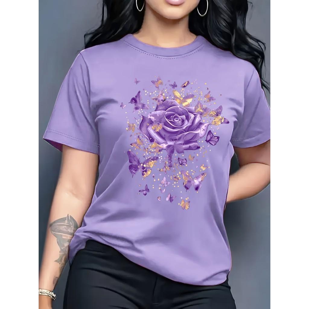 Ladies' casual short sleeved round neck T-shirt