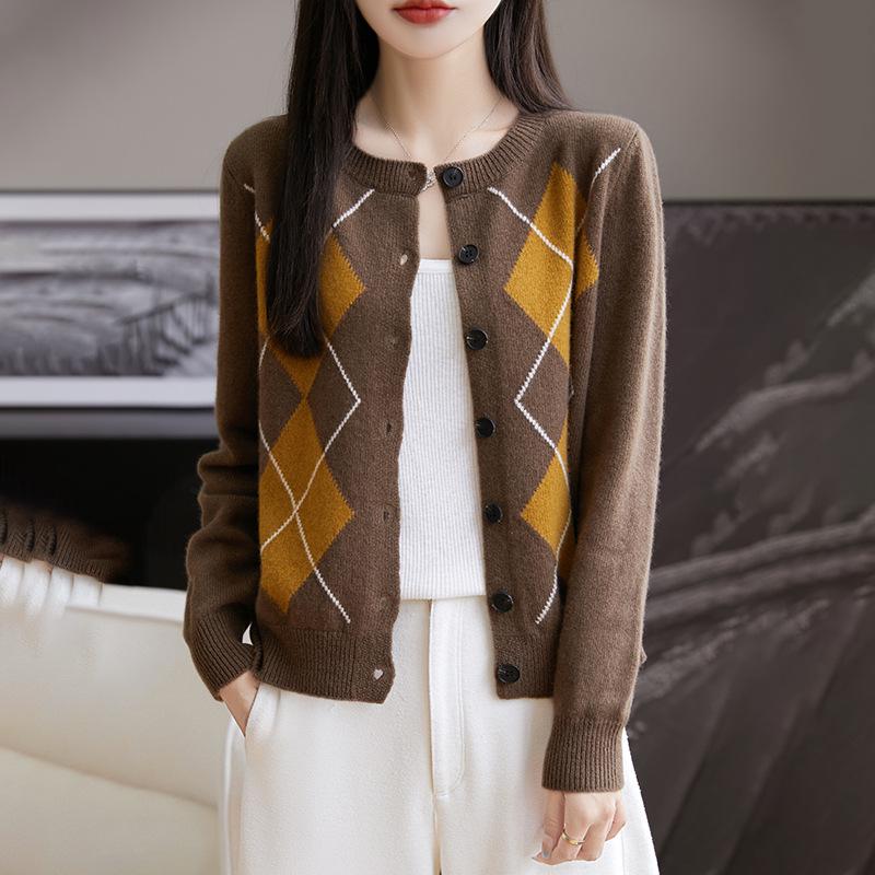 Women's Diamond Pattern Knit Cardigan - Autumn/Winter, 100% Wool, Loose Fit, Short Lazy Style