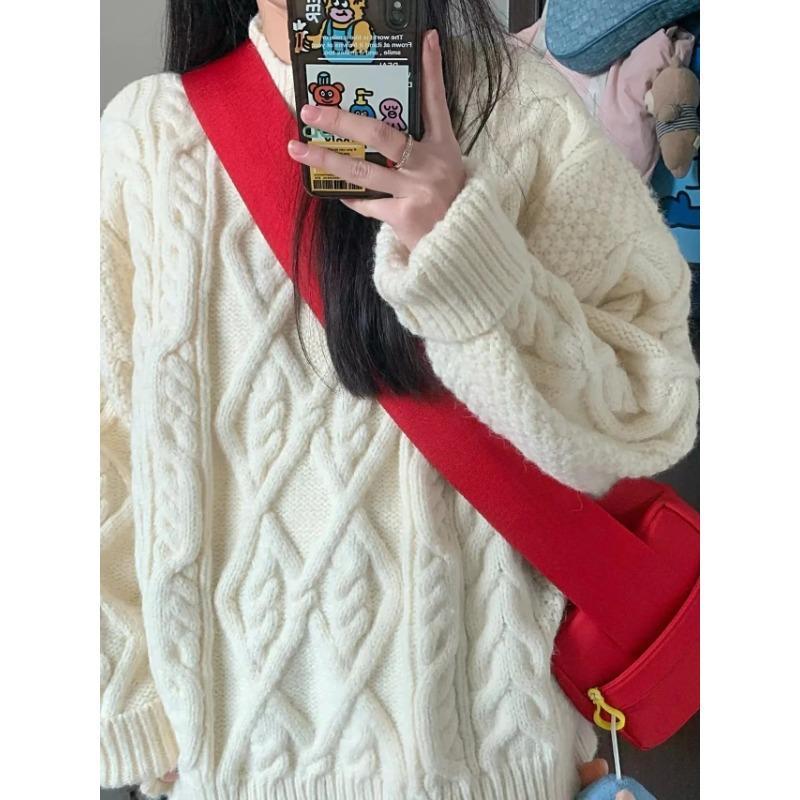 Mlecznobiały sweter wkładany przez głowę z dzianiny w warkocze Damski Jesień Zima 2024 Nowy Francuski Sle Pogrubiony Leniwy Sle Topy Odzież wierzchnia