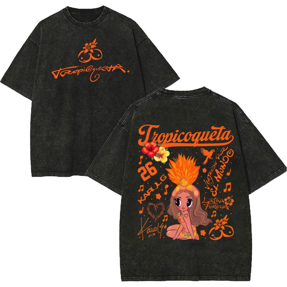 Vintage Spłowiałe Koszulki Karol G Tropicoqueta Tour 2026 Mężczyźni Kobiety Moda Pop Muzyka Koszulka Letnia Codzienna Luźna Bawełniana Koszulka
