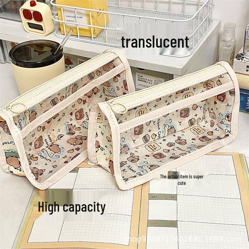 Capybara Large Capacity Semi-Transparent Pencil Case - Triangle Stationery Bag for Students