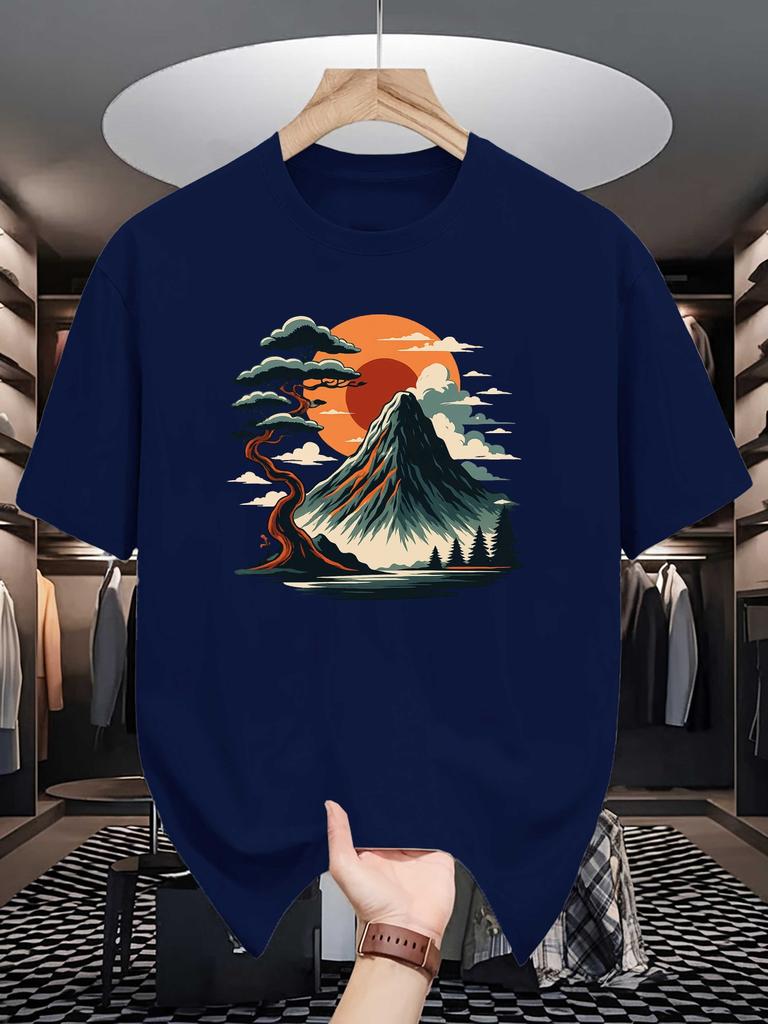 Unisex Yellow Tee Fuji Mountain Pine Sunset Landscape Graphic Print Crew Neck Short Sleeve Summer Casual Male Cotton Street Top