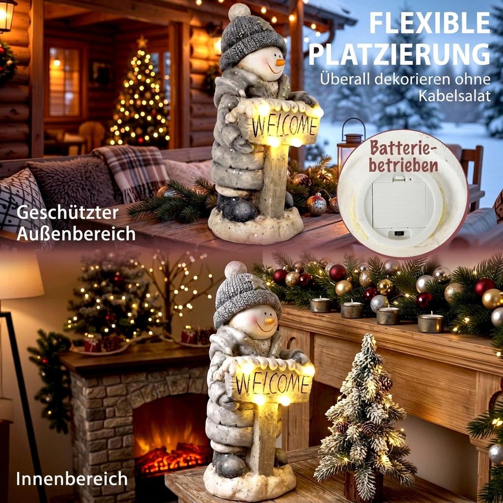 Christmas Decoration Snowman Figure, Illuminated Christmas Statue made of MGO with Welcome Sign, LEDs and Daily Timer
