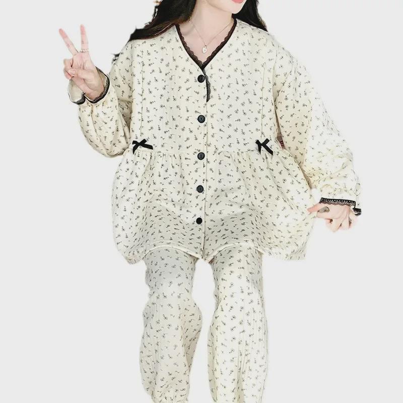 2024 Warmer Umstandspyjama aus Air-Baumwolle mit Zwischenschicht – Strickjacke mit Rundhalsausschnitt und Stillzugang für Herbst/Winter.