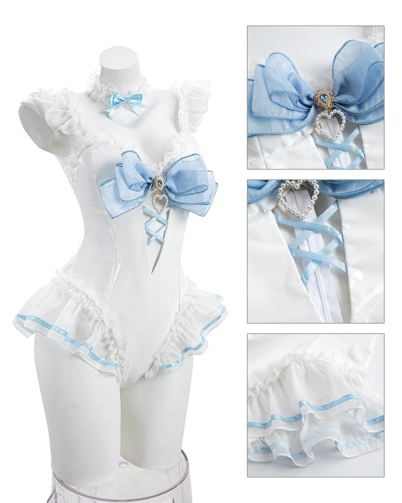White and Blue Bunny Girl Cosplay Bodysuit with Bunny and Lace Cute for Photo and Halloween and Blue Ribbon Bunny Size [Excellent Quality] Ribbon,