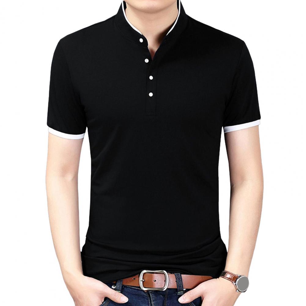 Summer Men Shirt Stand Collar Slim Fit Short Sleeves Solid Color Plus Size Buttoned Thin Pullover Formal Business Style Office T