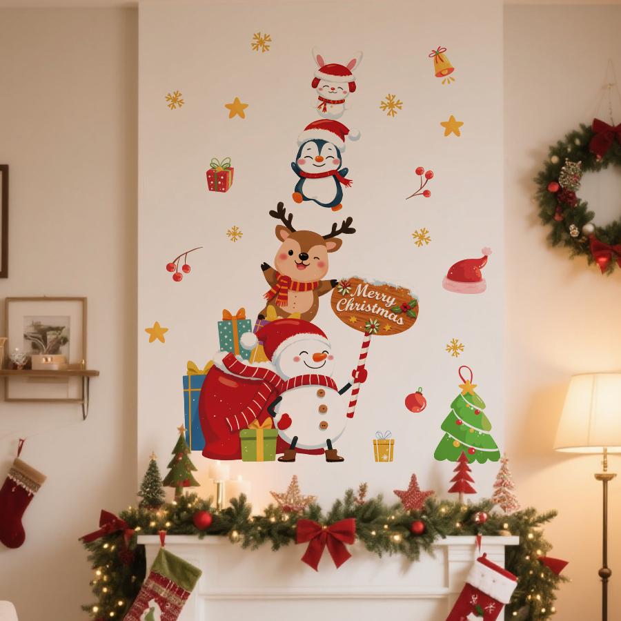 1pc Cartoons Animal Christmas Wall Stickers Removable PVC Holiday Decorations for Bedrooms, Living Rooms, Party Home Decoration