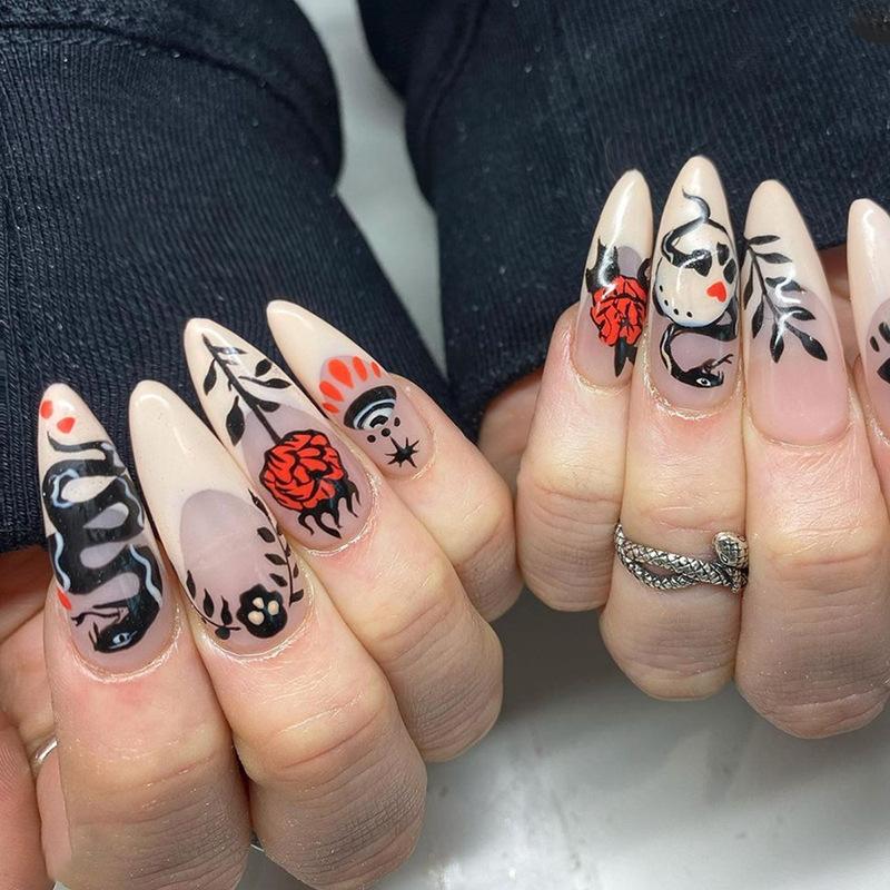 Dark Coiled Snake Rose Nail Art Black Almond Nail Sweet Cool Fashion European and American Halloween Fake Nail Finished Nail Piece