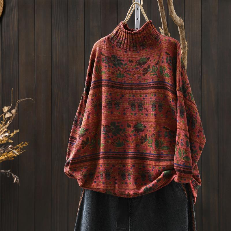 Women's Retro Style Printed Knit Sweater with Half-High Neck