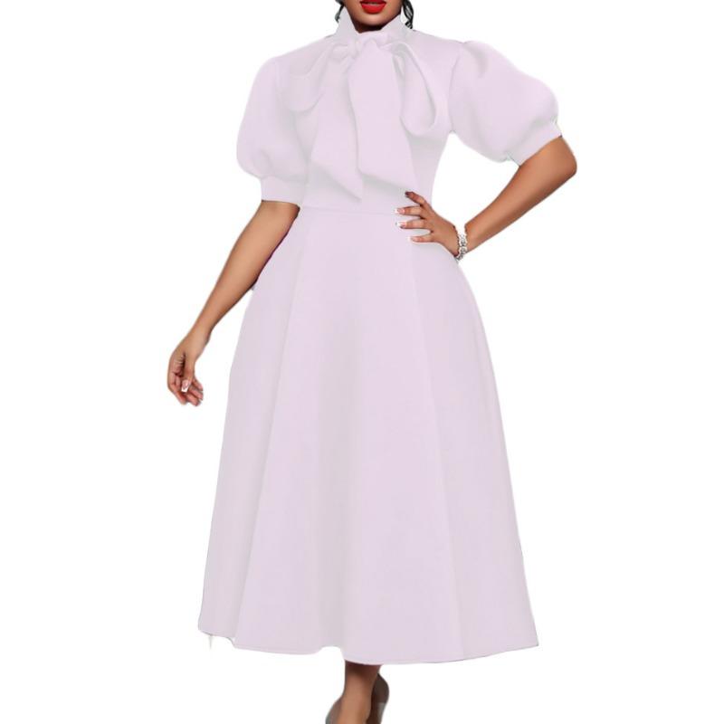 Large Size Women's Clothing Summer New Bow Socialite Solid Color Banquet Dress Skirt Short Sleeve Dress