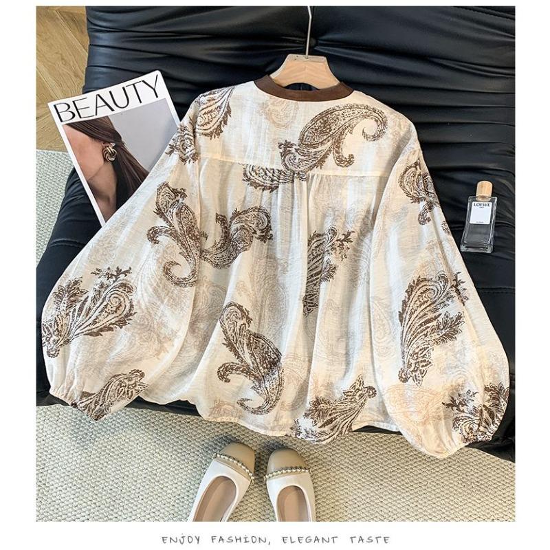 Bohemian Tencel Leinen Bedrucktes Hemd Damen Herbststil Kontrastfarbe Laternenärmel Oberteil